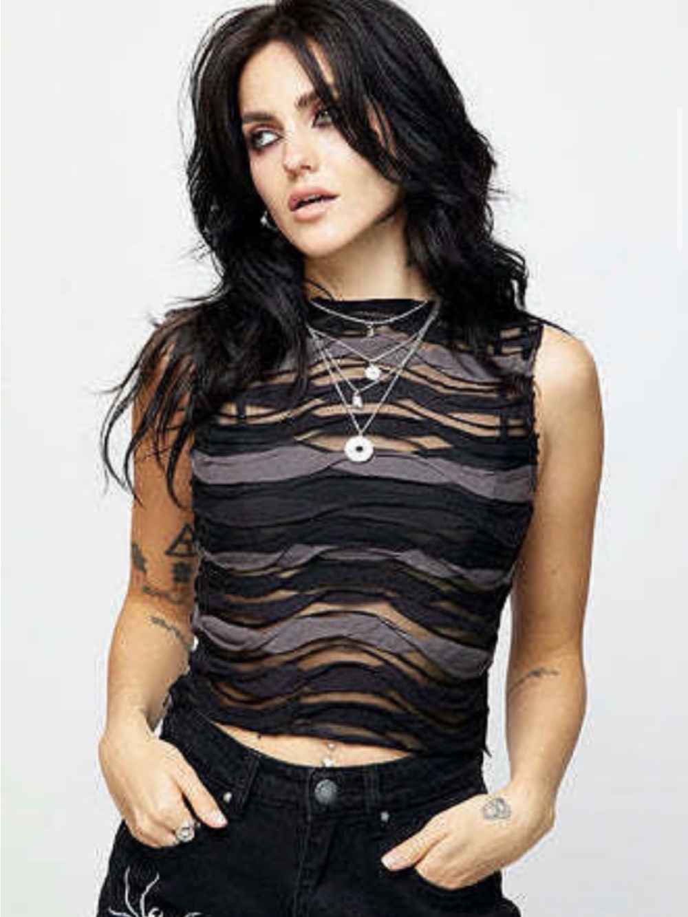 Disturbia Black Layered Sheer Stripe Crop Top